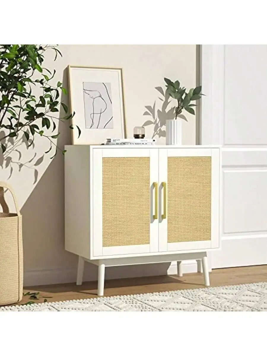 JOZZBY Rattan Sideboard Buffet Cabinet Set of 2 White Cabinet with Rattan Doors and Adjustable Shelves Accent Cabinet fo 5