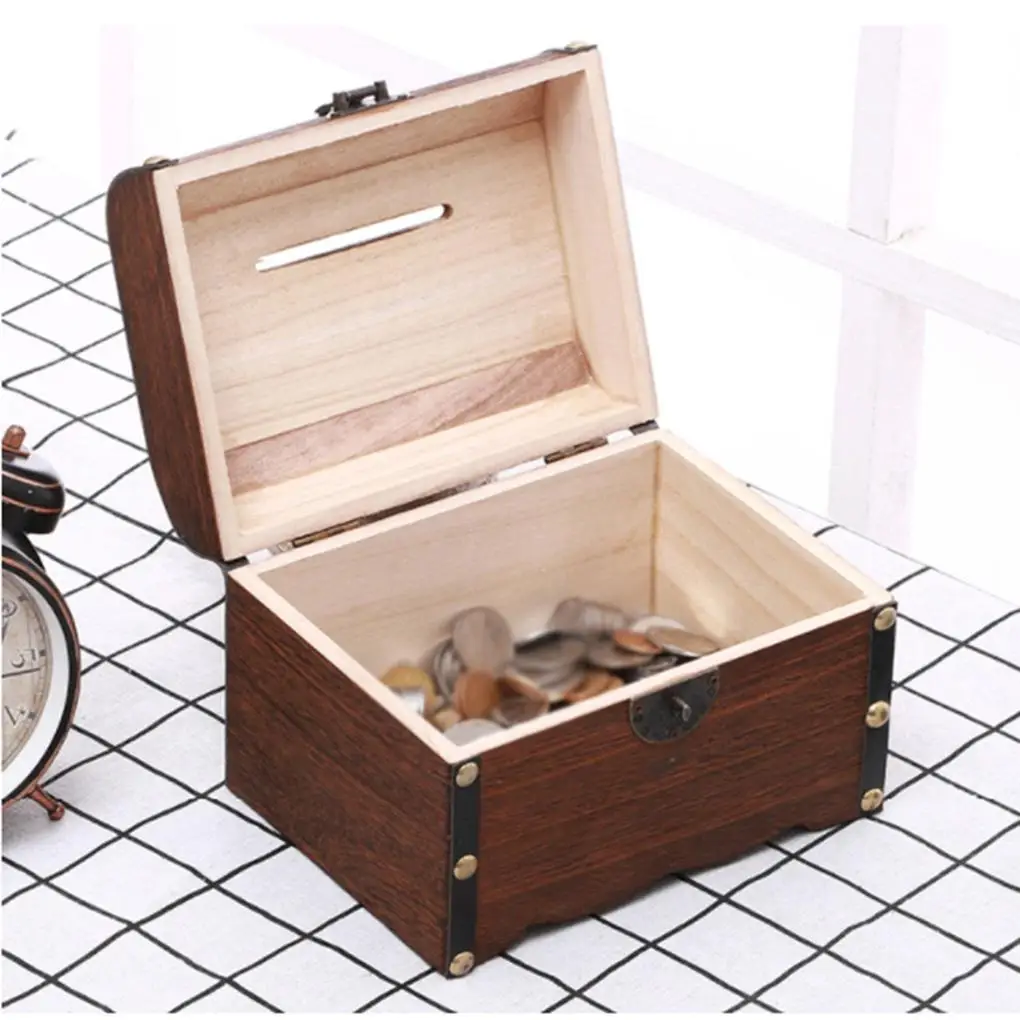 Cofre del tesoro vintage de madera hucha para monedas joyas_voghion.com