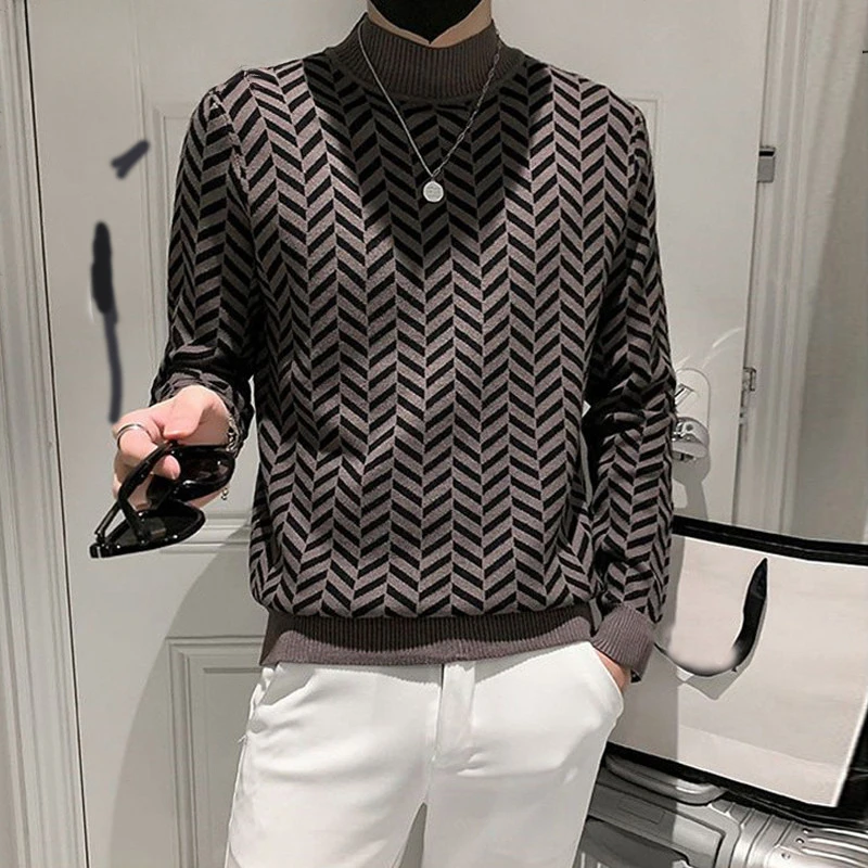 Spring Autumn Korean Casual Fashion Knitted Sweater Man Half High Neck Long Sleeve Male Pullover Basic Tops Jumpers Ropa Hombre