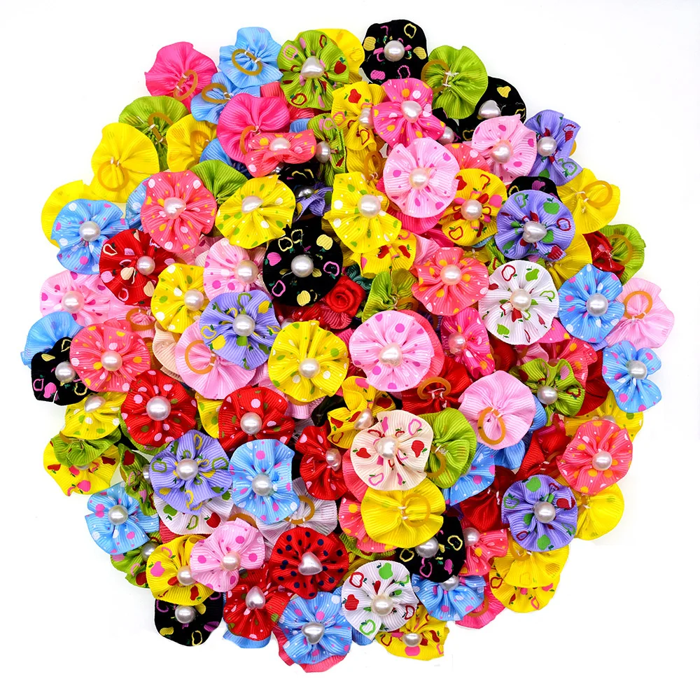 50PCS Daily Cute Pet Dog Hair Bows Round Bows With Rubber Bands Dog