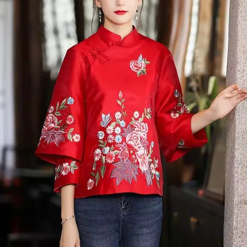 Chinese Traditional Clothes Qipao Top Elegant Cheongsam Blouse Ethic Tang Suit Hanfu Coat Retro Embroidery Button New Spring