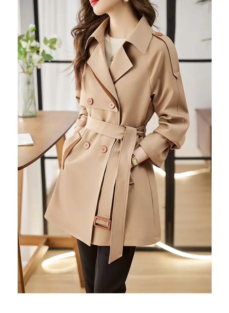 Solid Mid length Trench for Women Fall Winter 2023 New Vintage Turn Down Collar Long Sleeve Jacket Loose Double Breasted Coat
