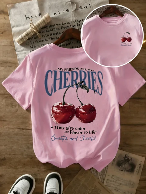 Summer Sweeter Cherries Prints T-Shirts Womens Cotton Oversized T Shirts Basic O-Neck Short Sleeve Tops Casual Woman Clothes 3