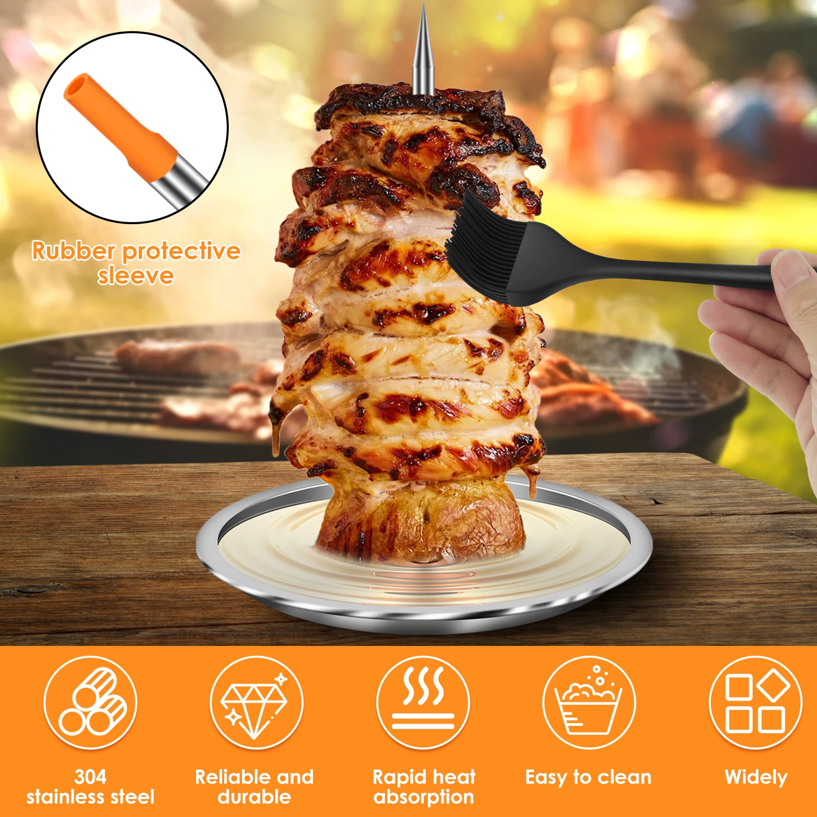 DRELD Spiedino verticale per kebab, 3 misure, staccabile, in acciaio inox, con grande vassoio antigoccia e spazzola, per pollo, bistecca, kebab, shawarma, doner, gyros