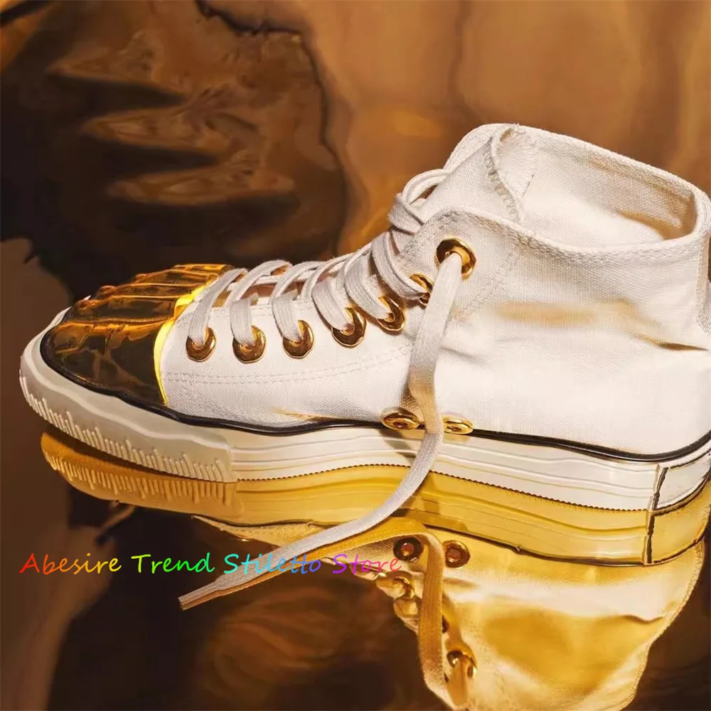 Gold Five Fingers Beige Sole Canvas Sneakers Cross Tied Women Shoes High Top New Trendy Banquet Runway 2024 Women Shoes