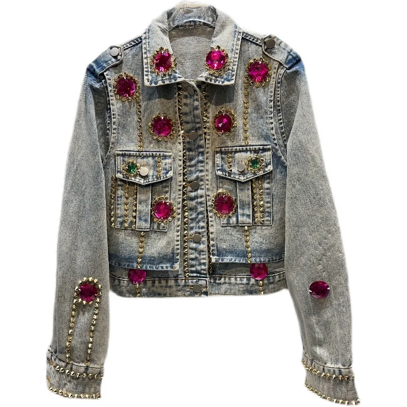 Streetwear Coat 2023 Autumn New Fashion Color Gem Beading Rivet Jackets Women Heavy Industry Long Sleeve Denim Short Coat