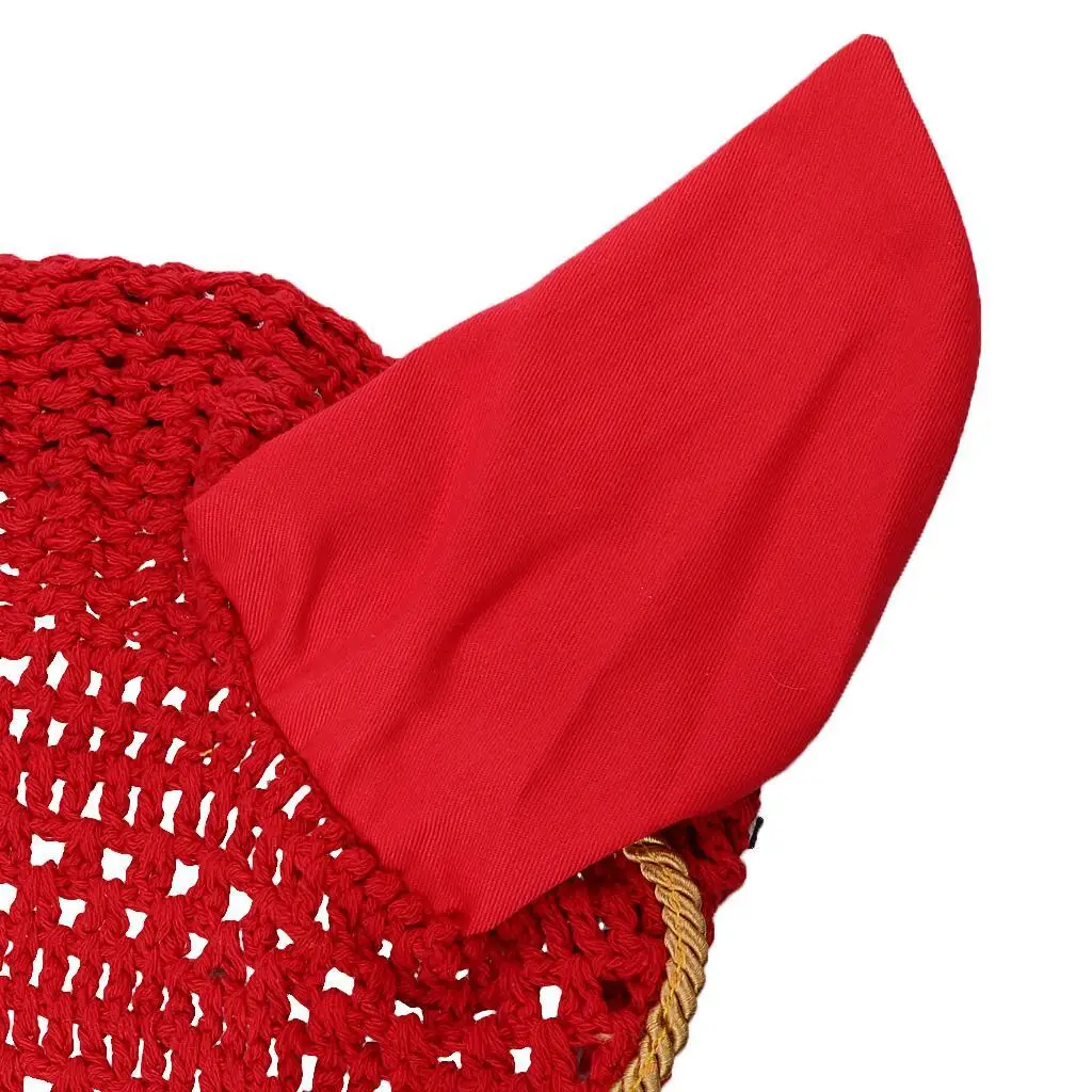 Soft Cotton Hand Crochet Breathable Fly Veil with Ears for Horse Red 4