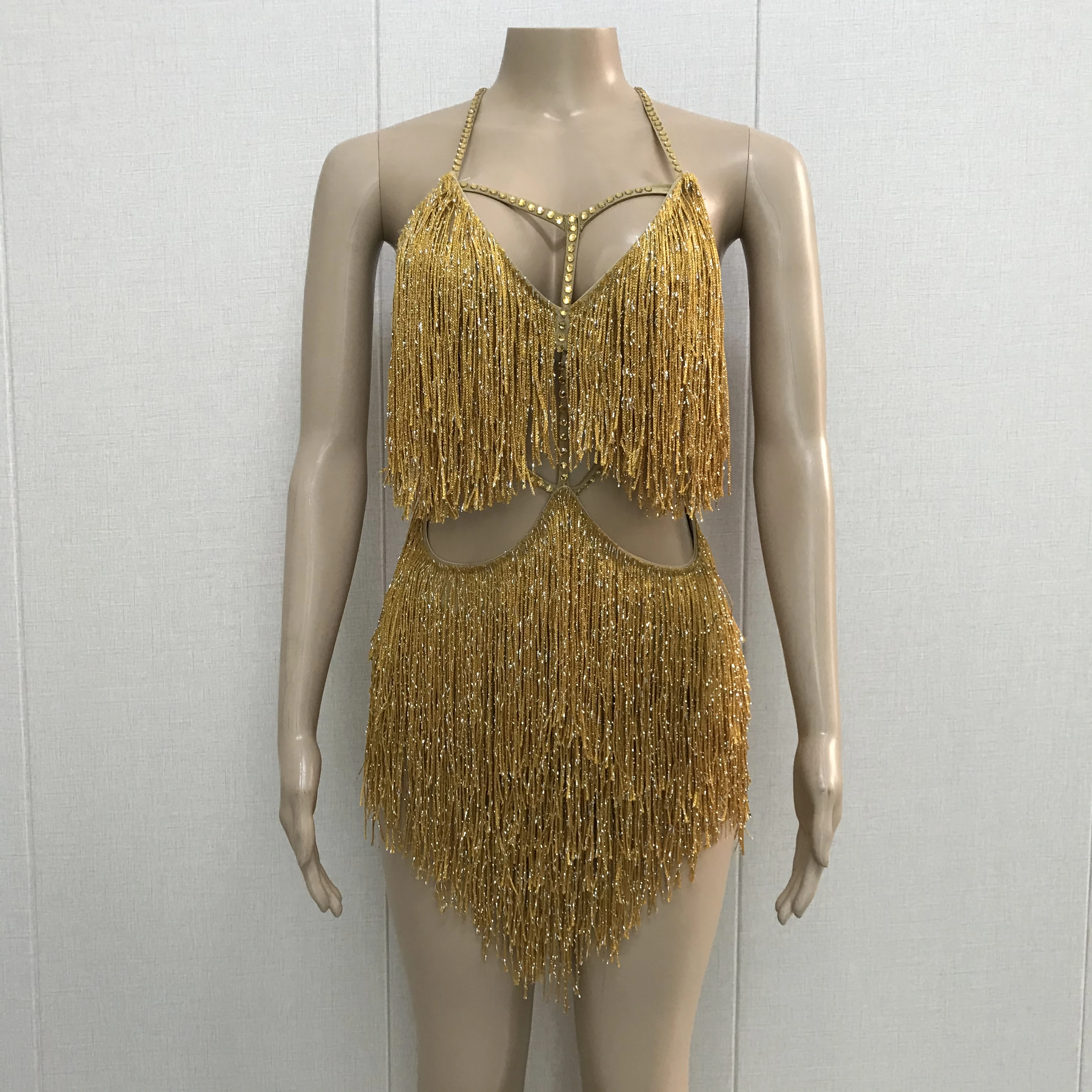Gold Fringes Costume Outfit Tassel Dress Evening Party Dance Wear  Performance | eBay