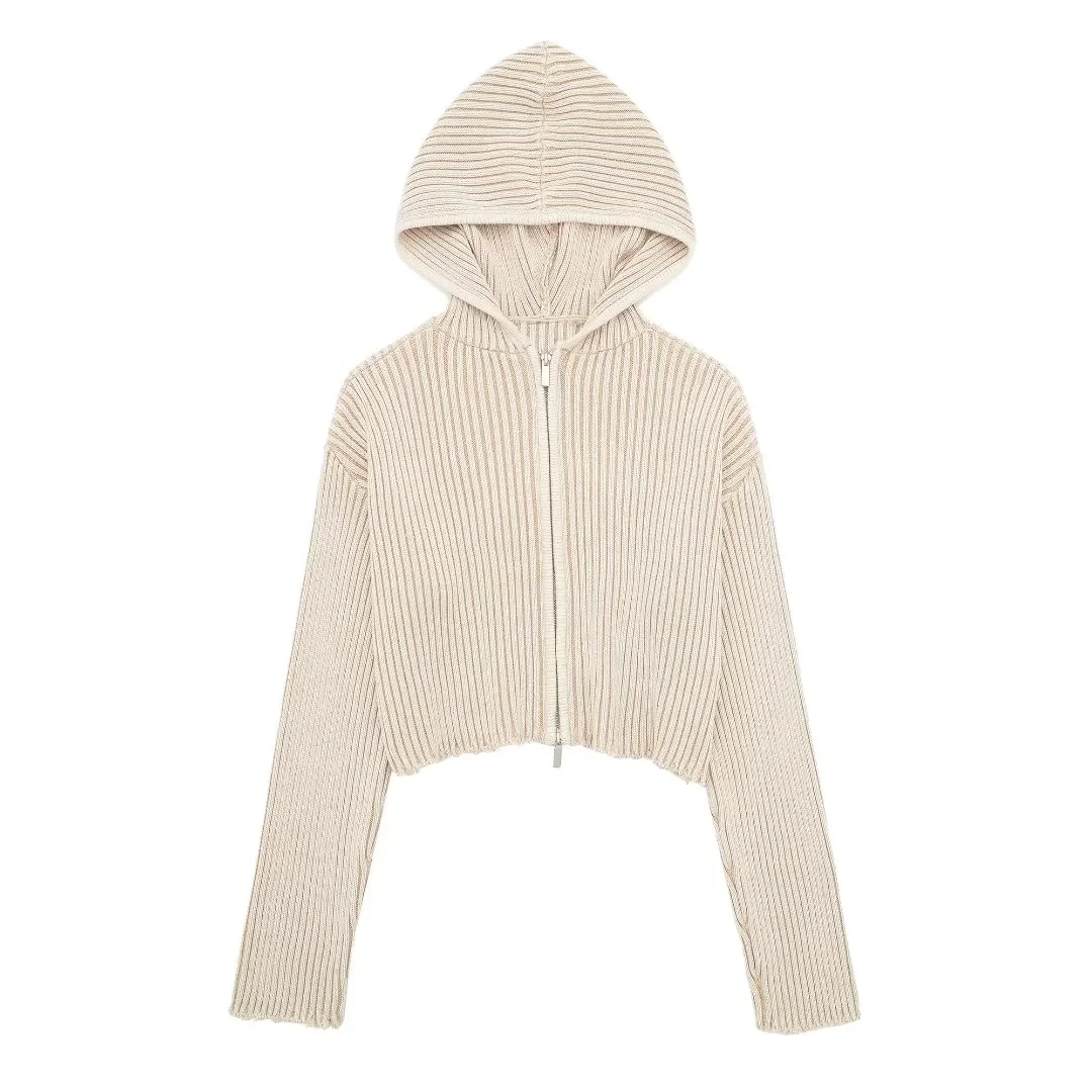 

TRAF Women Ribbed Knit Sweater 2023 Autumn Fashion Senior Hood Collar Cropped Cardigan Ladies Street Daily Distressed Hem Tops