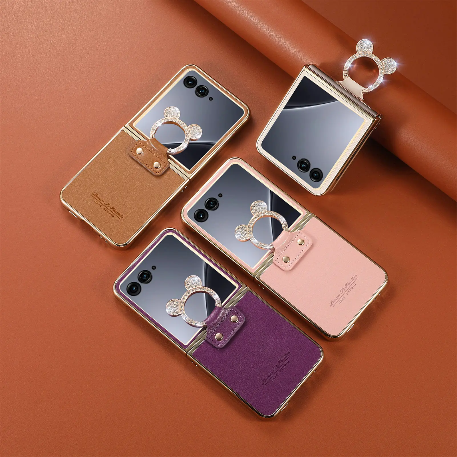 Elegant Magnetic Ring Holder Leather Case with Diamond Accents - Shockproof & Stylish Cover