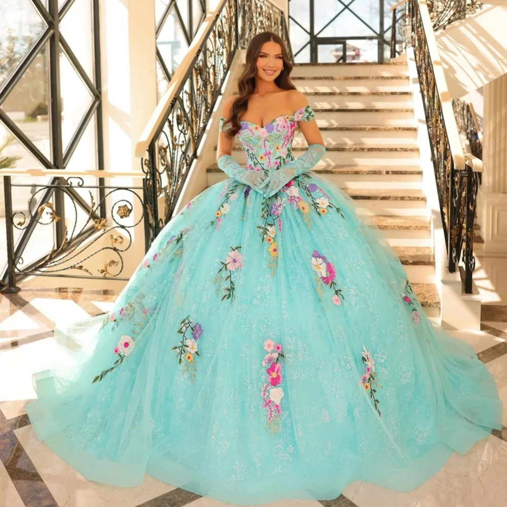 Colorful Flowers Chic Ball Gown Quinceanera Dress Shiny 15 16 Birthday Lace Up No Gloves Evening Dress Sweet Party