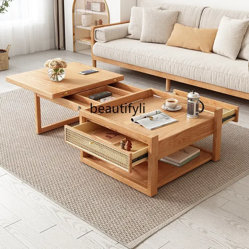 

Japanese-Style Simple Log Style Lifting Coffee Table Integrated Solid Wood Tea Table Combination