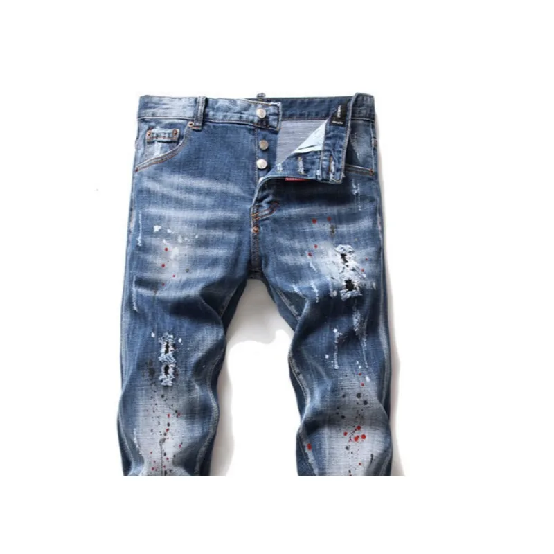 Men's Jeans Tattered Paint Men's Slim Hole Badge Stretch Jeans Retro Men's High Street Can Be Worn All Year Round 5