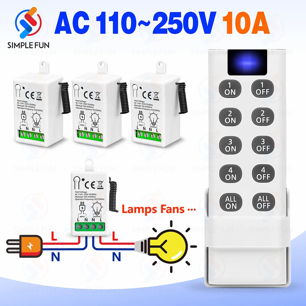 Interruttore della luce del telecomando senza fili 433Mhz 110V 220V 230V 10A Trasmettitore 4 in 1 ALL ON/OFF, Mini interruttore per lampada LED ventilatore