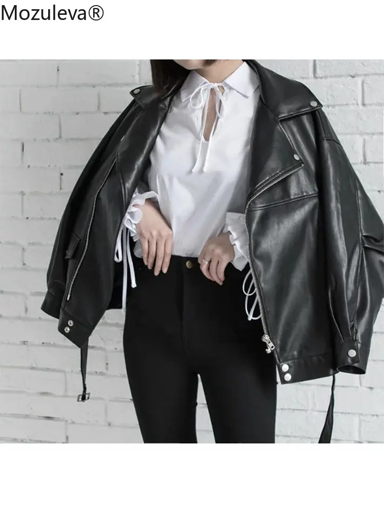 

Mozuleva Autumn Retro Soft Faux Leather Pu Jacket Women Loose Punk Coat Female V Neck Moto Biker Rivet Zipper Street Overcoat