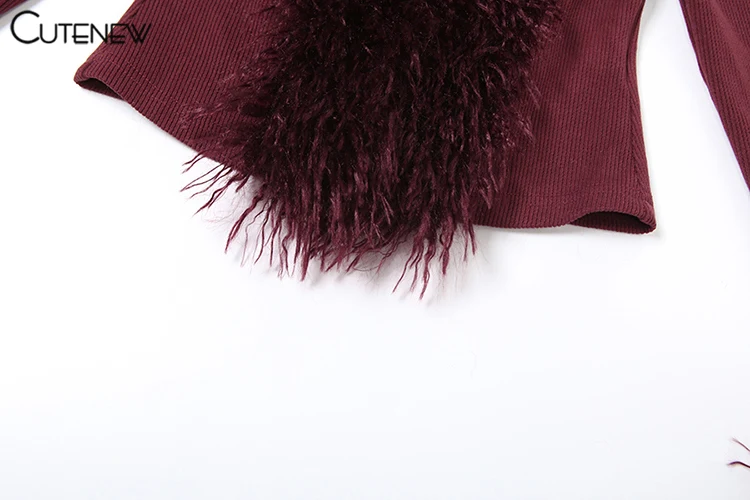 Feather Patchwork Women Tops Autumn Hipster Solid Full Sleeve V-neck Split Ribbed Slim Tee Female All-matched Streetwear