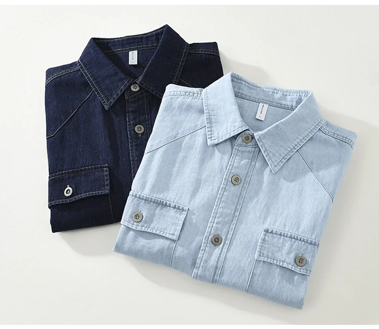 Summer Short Sleeve Denim Shirt Men Casual Loose Blue Jeans Japanese Double Pockets Cowboy Youth Fashion