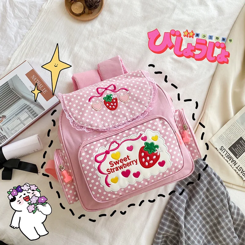 High Quality Japanese Style INS Sweet Cute Embroidered Strawberry Fruit Lace Girls Student Backpack School Bag For Women 1