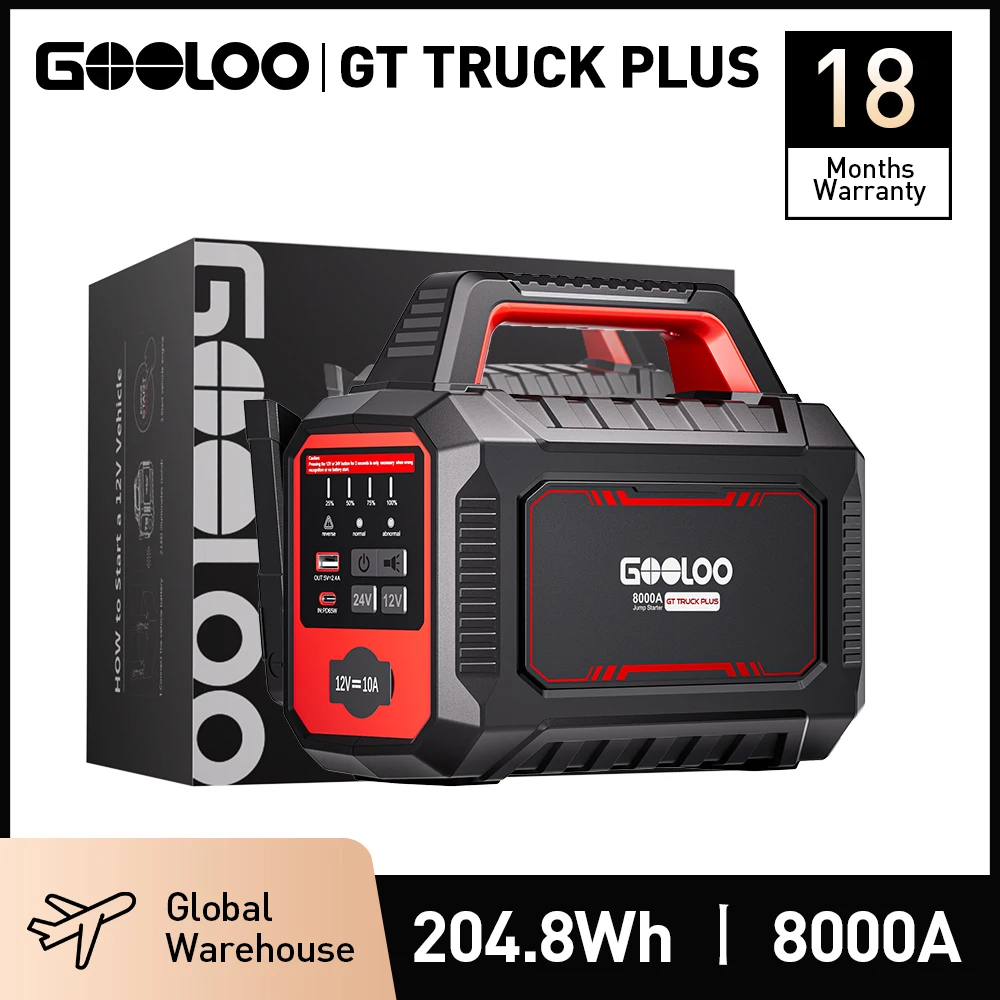 Arrancador de Coches GOOLOO GT TRUCK PLUS de Alta Resistencia 12V/24V, Batería de Coche de 64000 mAh, Banco de Energía Portátil de 8000A para Batería de Camión