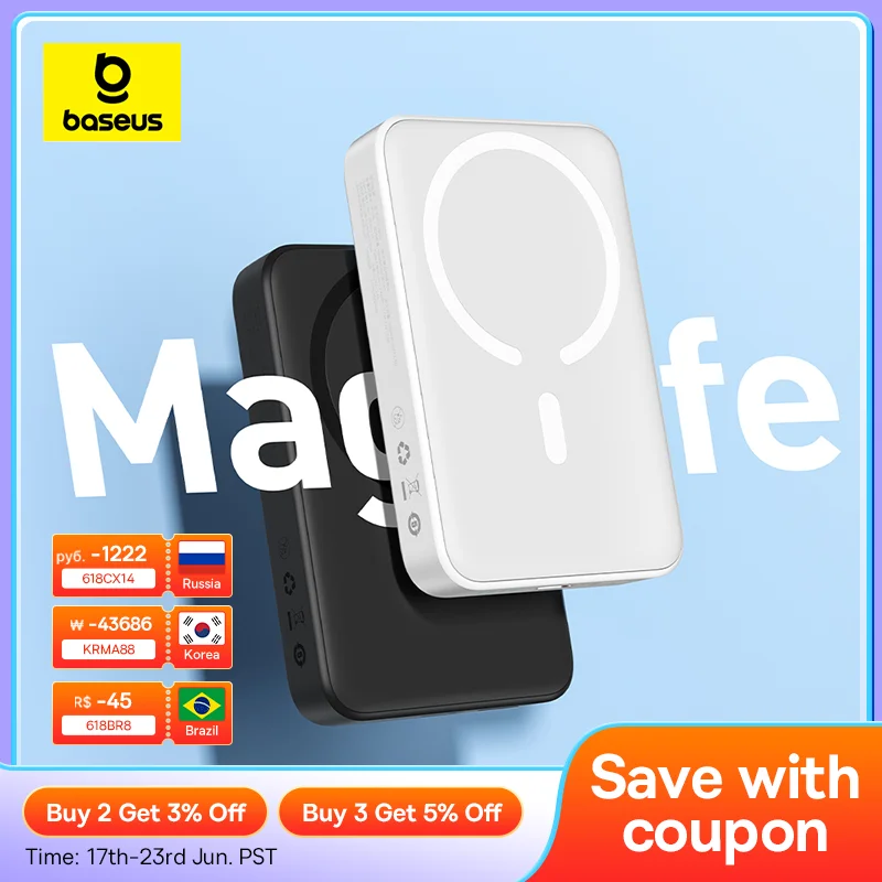 

Baseus Power Bank 10000mAh Mini Magnetic Wireless Fast Charge Auto-wake For iPhone 15 14 13 Pro Max Magnetic Powerbank