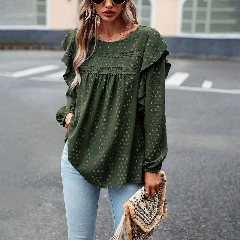 

Spring Autumn New Ruffles Jacquard Loose Casual Blouse Female Long Sleeve Solid Color All-match Pullover Top Women Fashion Shirt