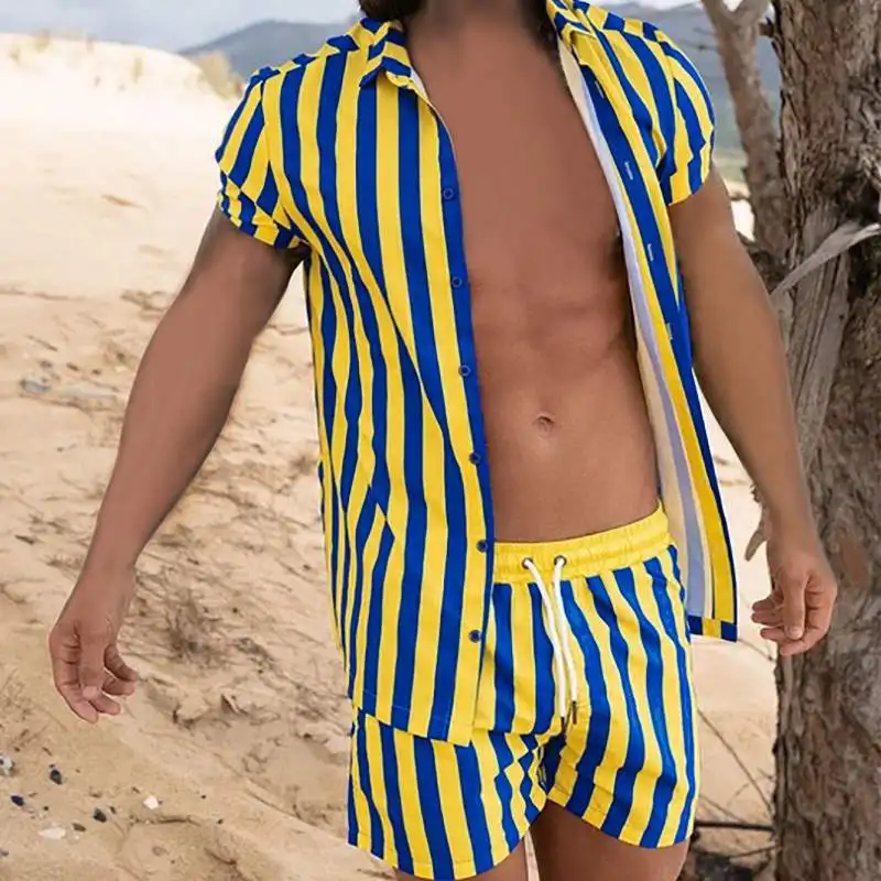 

2023 Stripe Printed Mens Set Polo Neck Button Short Sleeve Shirt Shorts Two Piece Beach Set