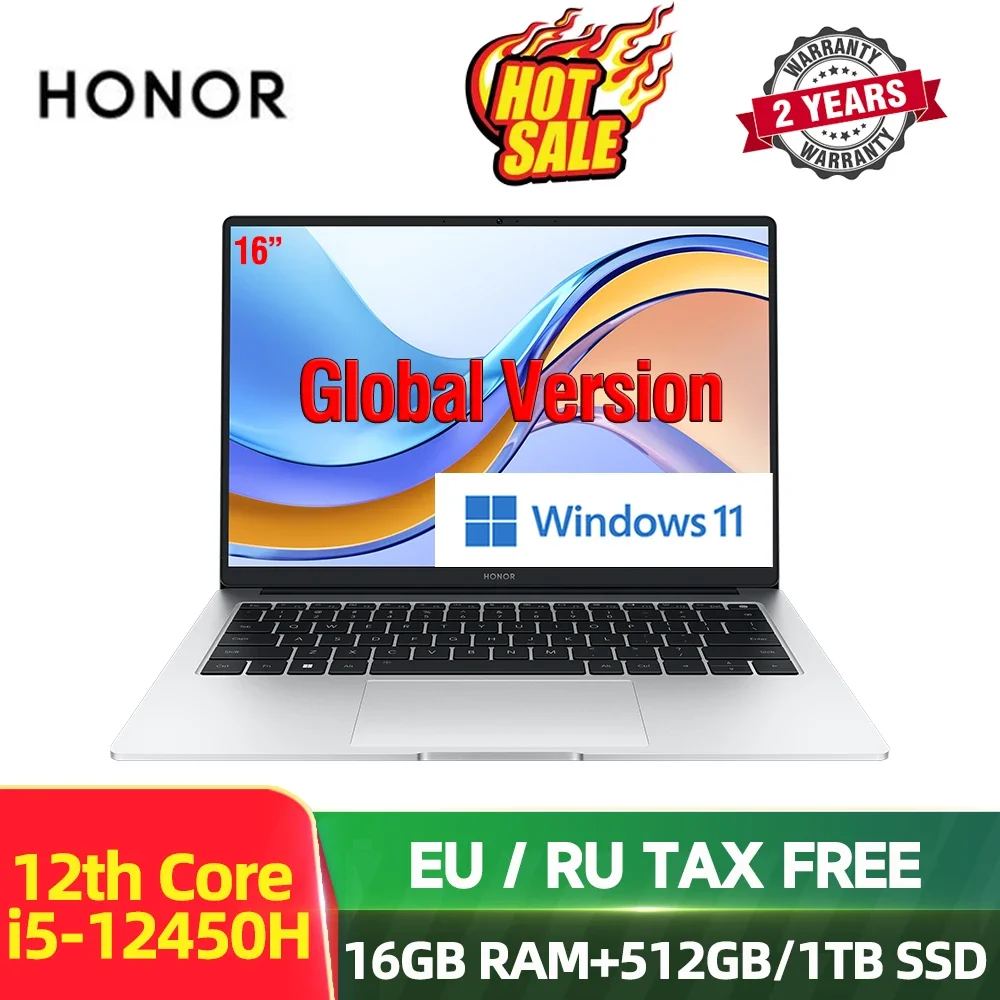 Honor MagicBook X 16 2023 16 인치 IPS 스크린 노트북 i5-12450H, 16G 512GB SSD 노트북, 윈도우 11 프로 컴퓨터 실버 PC