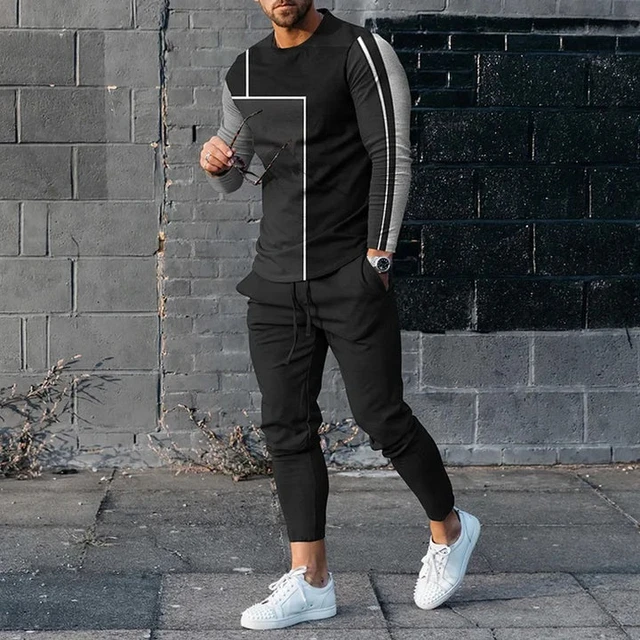 Camisetas y pantalones de manga larga para hombre, conjunto de dos piezas  con estampado 3D geométrico clásico negro, traje informal de lana nike tech  - AliExpress