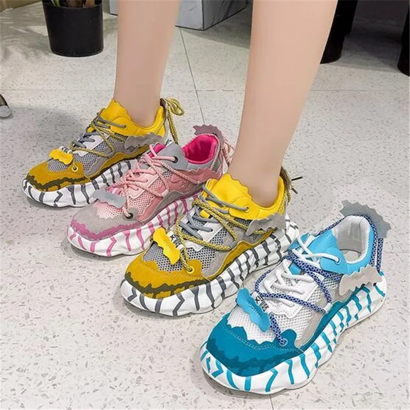 Women Fashion Mesh Sneakers 2023 Summer Platform Chunky Casual Brand Designer Dad Shoes Woman Lace-up Vulcanized Shoes Pink