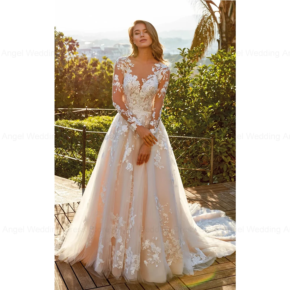 ANGEL Elegant Lace A-line Wedding Dresses Customized Long Sleeves Bride Gowns Applique O-Neck Button Tulle robe de mariée 3