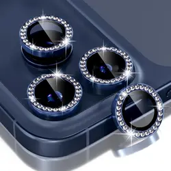 Bling Glitter Diamond Metal Frame Camera Protector with Tempered Glass Lens Cover - iPhone 17 (Diamond Blue)