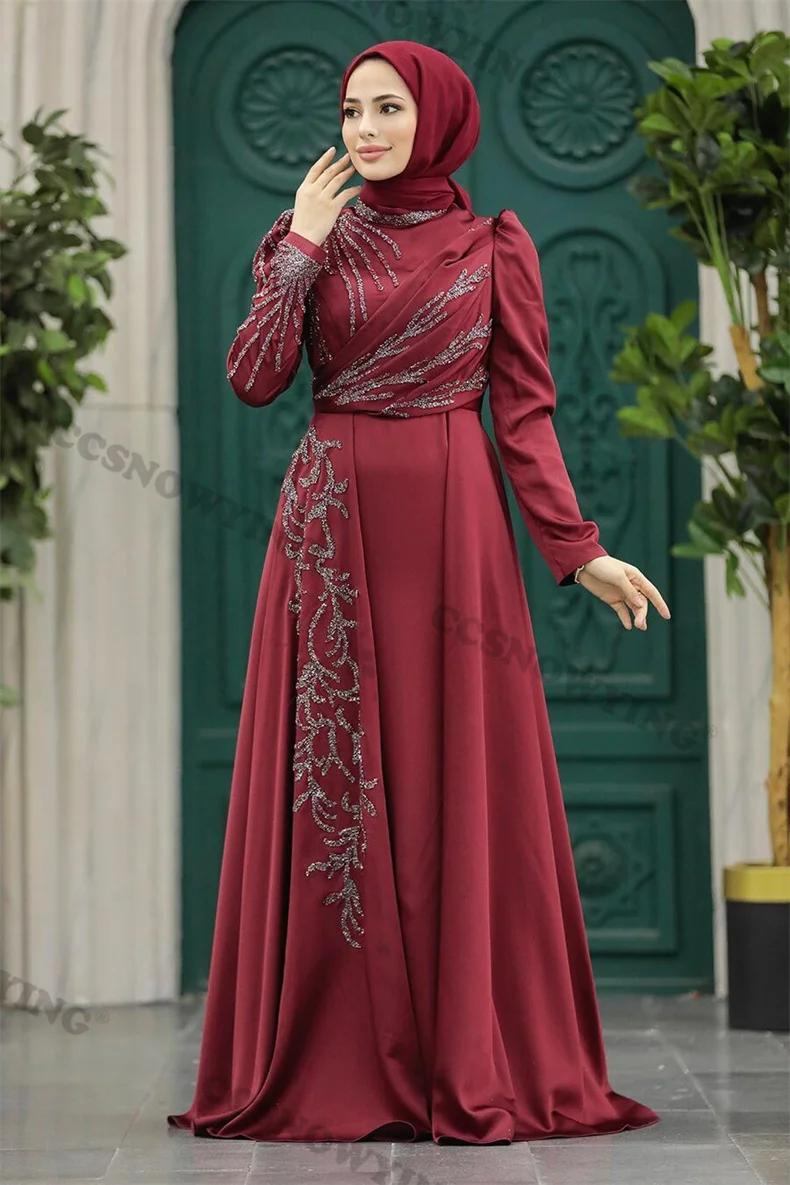Satin Appliques Muslim Evening Dresses Long Sleeve Islamic Formal Party Gown  High Neck Hijab Saudi Arabia Robe De Soiree - AliExpress