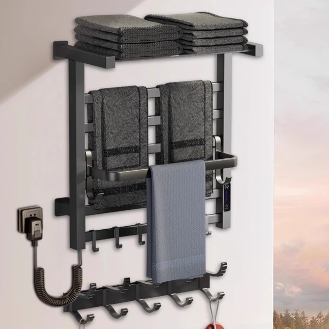 ราวแขวนผ้าเช็ดตัวไฟฟ้าอัจฉริยะสำหรับห้องน้ำในบ้าน พร้อมระบบทำความร้อนด้วยคาร์บอนไฟเบอร์ ไม่ต้องเจาะผนัง พร้อมที่เก็บของ 1