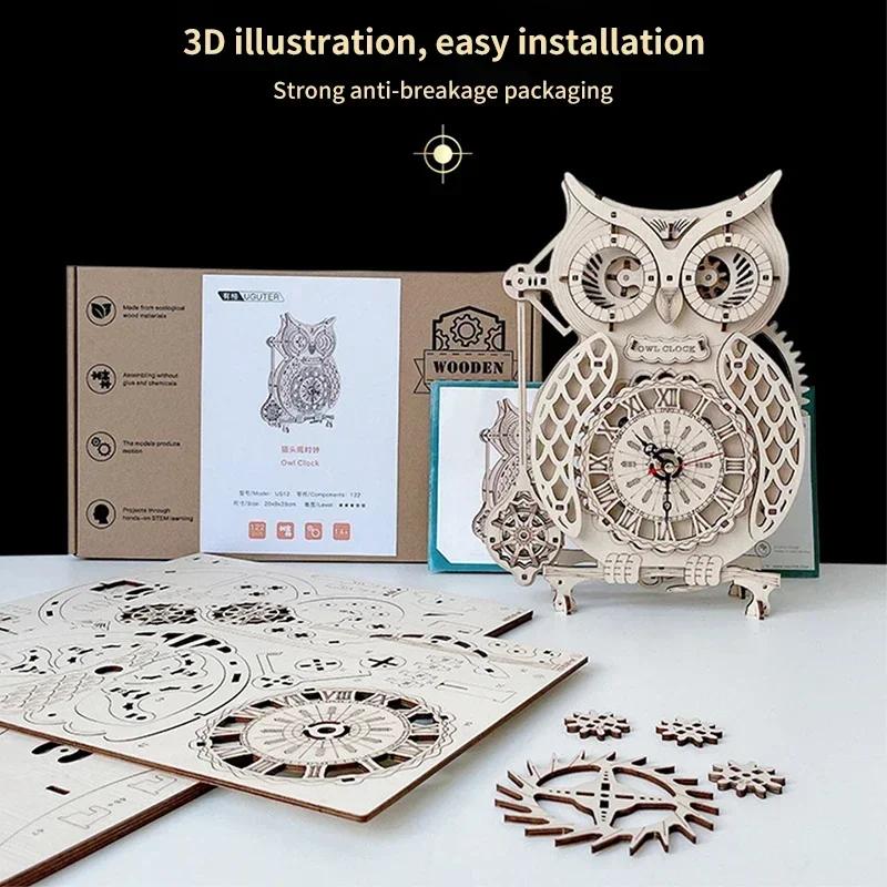 나무 퍼즐 3D 올빼미 시계 모델 빌딩 키트, 창의적인 DIY 벽시계, 기계식 레트로 진자 시계 조립 장난감, 성인용