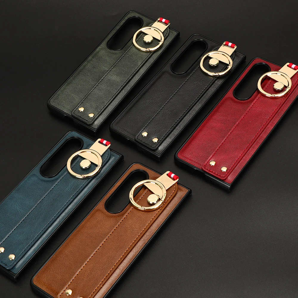 For Samsung Galaxy Fold 4 Luxury Leather Holder Wrist Strap Phone Case