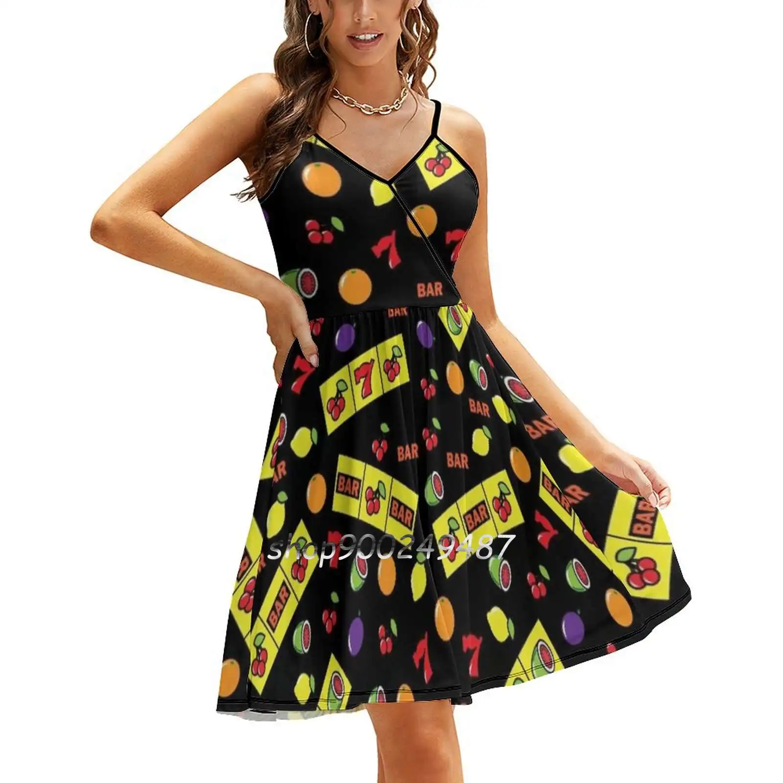 

Casino Lucky Slots Cherry Melon Lemon Fruit Pattern Sweet Summer Casual Sling Dresses Korean Women Sexy Sundress Slots Slot