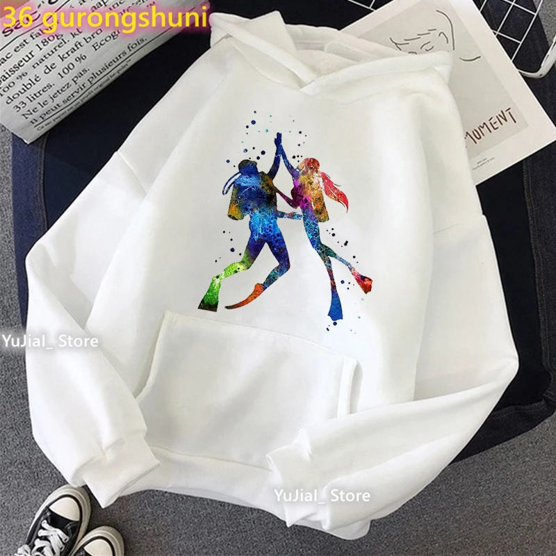 2022 Fashion New Arrival Watercolor Scuba Diving Lover Print Cap Hoodies Women Sport Art Sweatshirt Femme Pink/White/Gray Coat