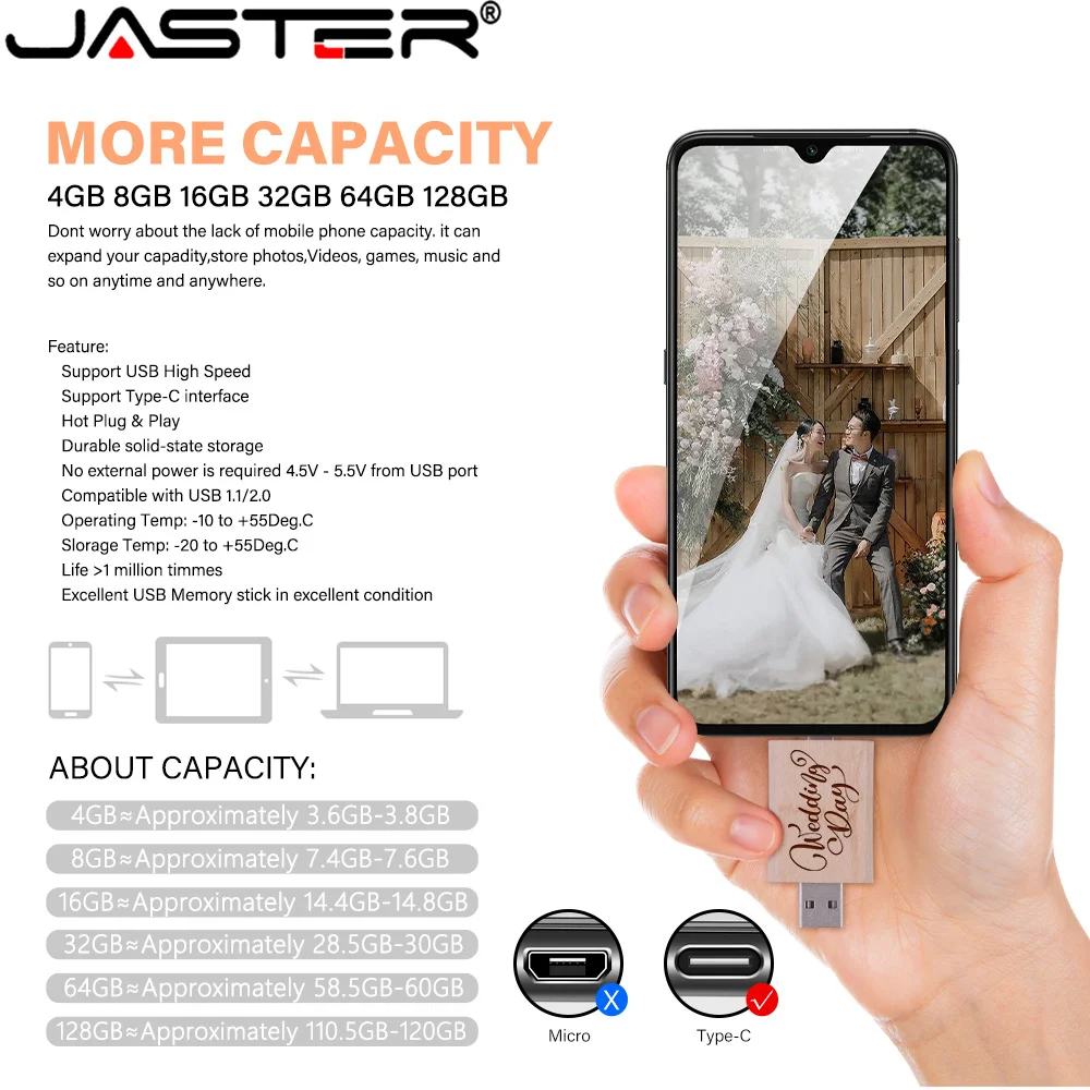 JASTER 10 개/몫 USB 플래시 드라이브 TYPE-C 2 in 1 메모리 스틱 2.0 나무 Pendrive 4GB 16GB 32GB 64GB 128GB 무료 로고 결혼 선물