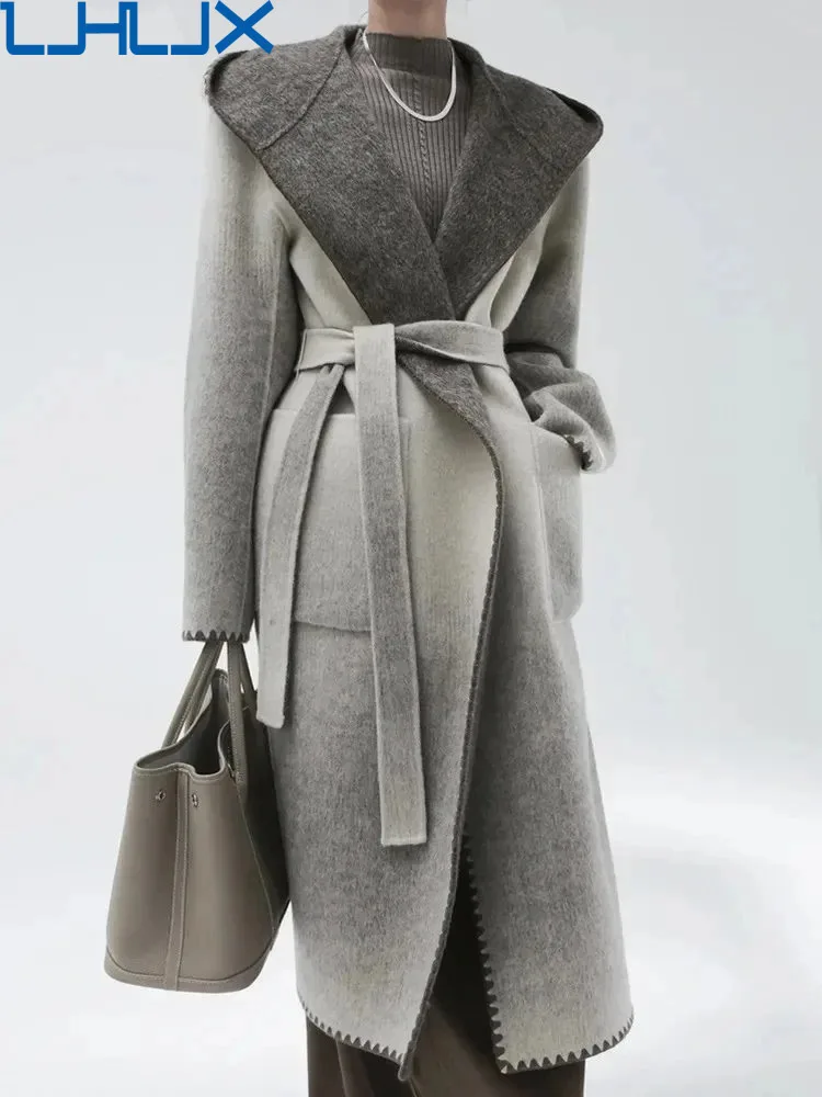 

LJHLJX Vintage Gradient Double-sided Cashmere Cloak Coats With Belt Casual Loose High-end Luxury Woolen Jacket Spring 2024