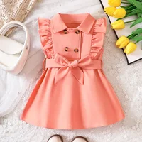 Wholesale Kids Girls Retro Solid Color Trench Belted Dress Double Breasted Elegant Summer Baby Dress 6