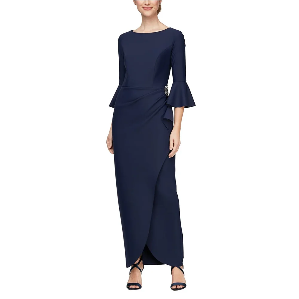 

Темно-синее платье для матери невесты 2023, платье-футляр с круглым вырезом для гостей свадьбы, платье с разрезом спереди и кристаллами, женское платье для свадебной вечеринки