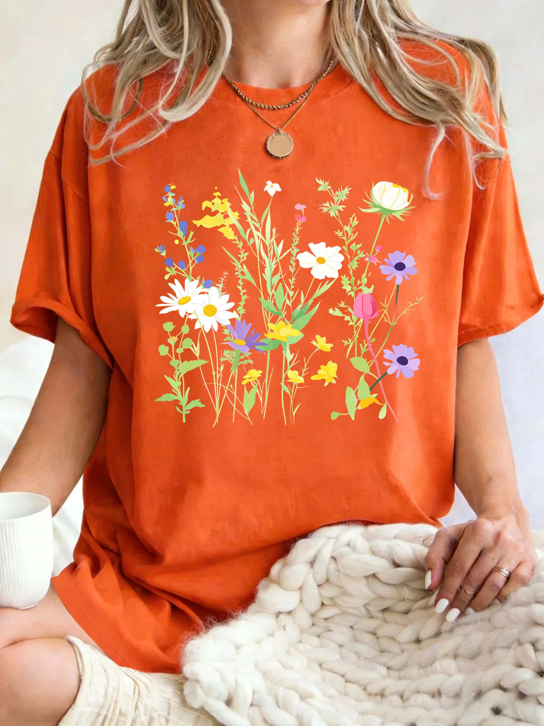 Verschiedene Blumen- und grüne Blätter-Prints Damen T-Shirts Lässige Sport-Tops Y2K Baumwoll-T-Shirt Sommer Oversized Kurzarm – Detail 13