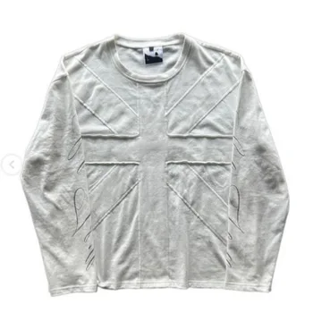 2026 New Arrival Women Streetwear Dark Grey Cross Stitch Detail Distressed Oversized Long Sleeve T-Shirt 1