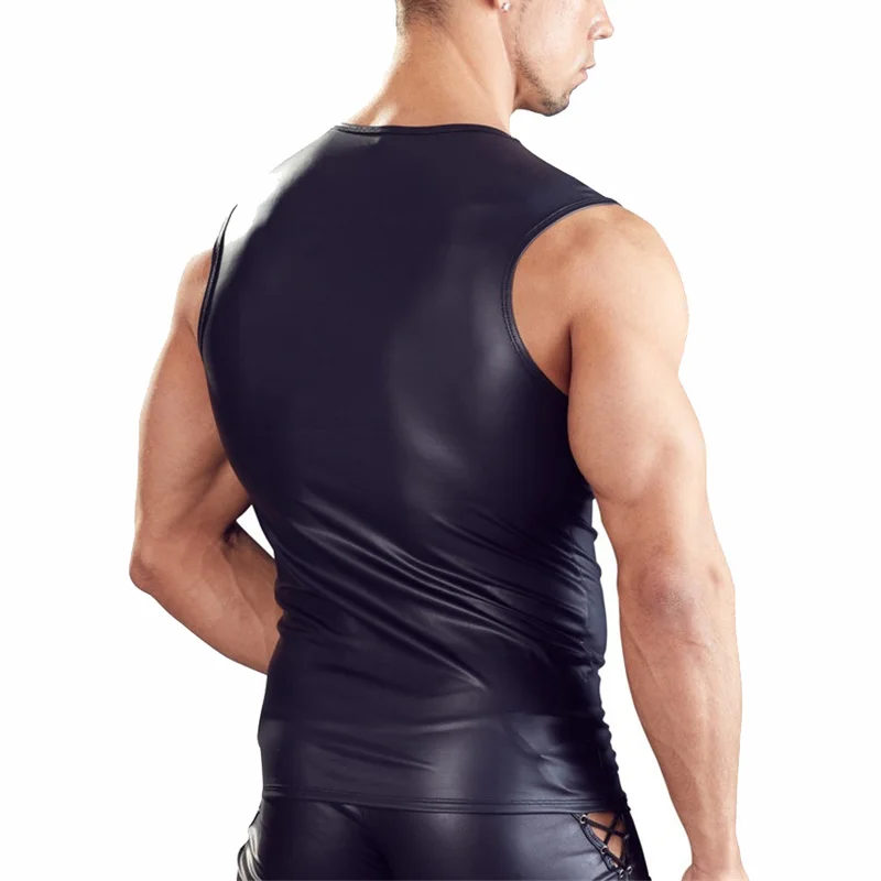 Mens PU Leather Undershirts Sleeveless T Shirts Male Black Tank Tops Nightclub Stage Clubwear Men Clothes Sexy Vest Fitness Tops