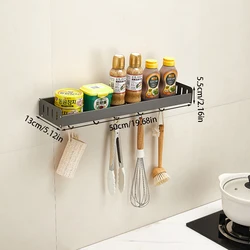 Wall Mounted Spice Rack and Kitchen Storage Organizer with Hanging Hooks (50cm grey with hook)