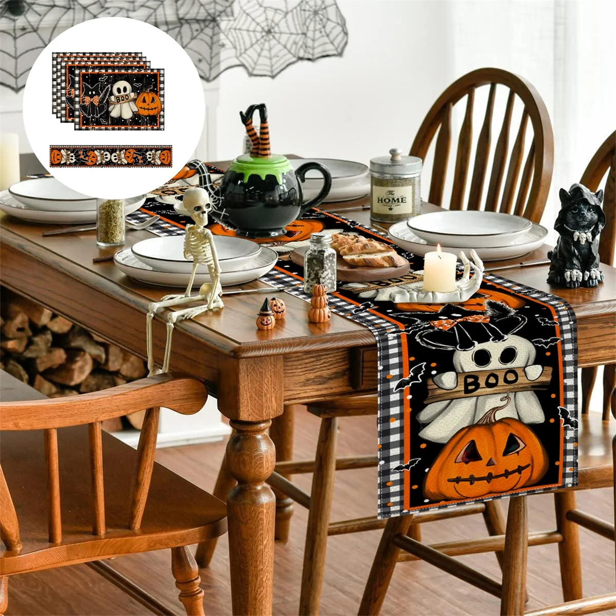 Spooky Halloween Haunted House Tablecloth Set with Witch Broom Skeleton Bat Placemats for Gothic Home Decor Party Supply