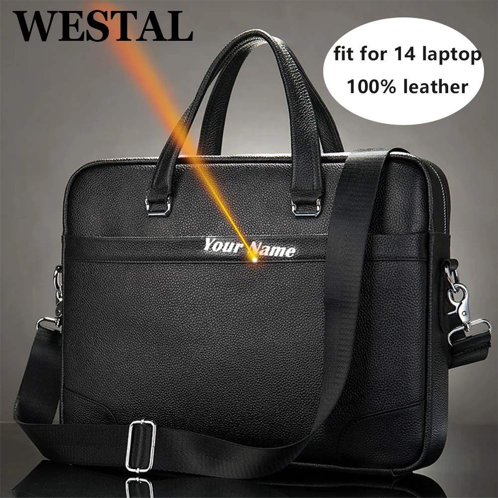 

WESTAL Men's Leather Bag Business Totes Handbags Briefcases Genuine Leather 14 Laptop Bags Black Computer Bags for Document 9802