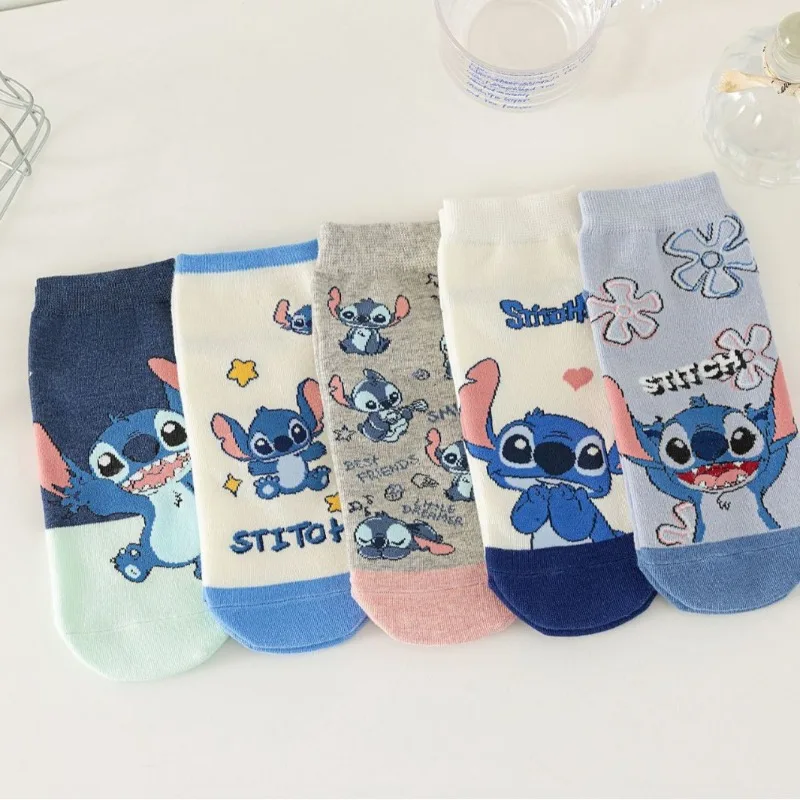 5Pcs/set Kawaii Disney Stitch Socks for Women Cute Anime Comfortable Breathable Fall Winter Thermal Cotton Socks Boat Socks
