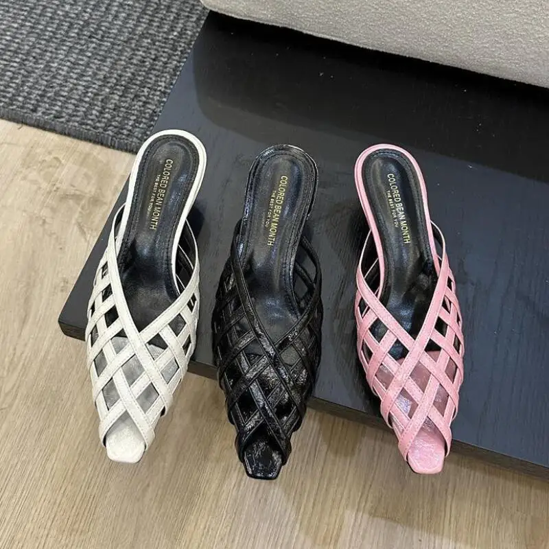 

Summer New Hollow Out Slipper Women Fashion Weave Open Toe Sandal Slip On Ladies Casual Shoes Mid Heel Outdoor Dress Mules