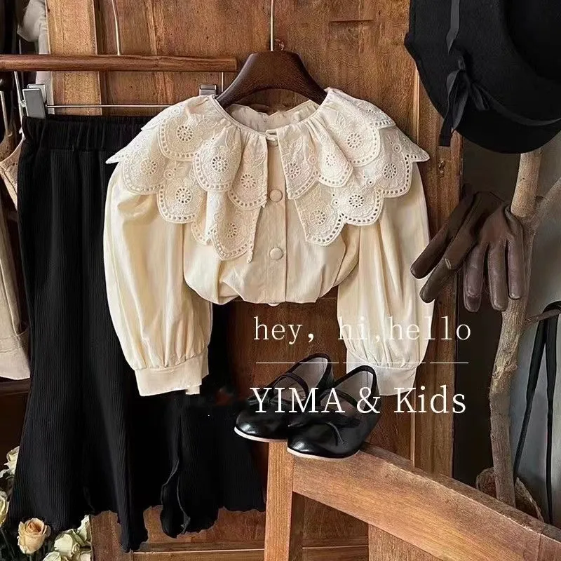 Spring and Autumn Girls' Retro Clothing Lace Shirt Children's Fashion Solid Color Long Sleeve Top Baby Shirt